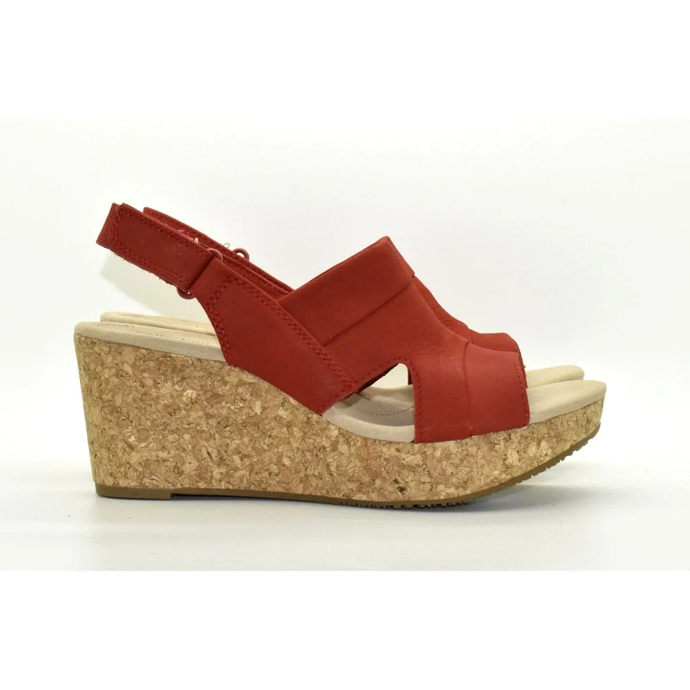 A6 NWOB CLARKS Annadel Red Nubuck Cork Platform Wedge Slingback Sandals Size 8 W